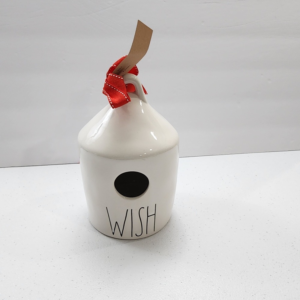 Rae Dunn Ceramic White Christmas "Wish" Birdhouse/ Red Ribbon New